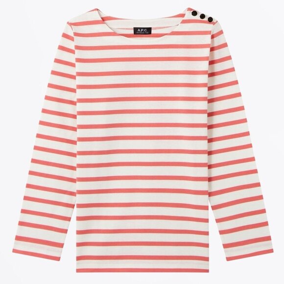 APC Ally Pink White Striped Cotton Jersey Boat Neck Sailor T-Shirt Top, Size - Picture 3 of 11